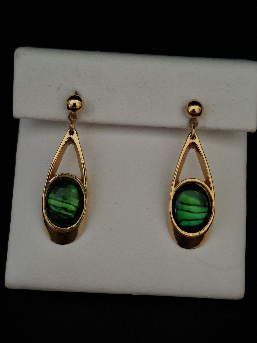 Gold Tone Teardrop Earrings with Green Glass Inlay